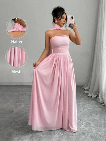 Rosé Elegance Halter Dress