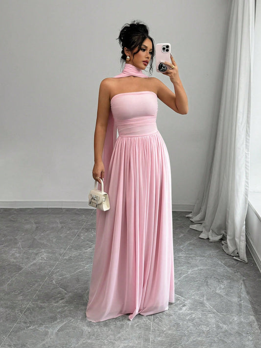 Rosé Elegance Halter Dress